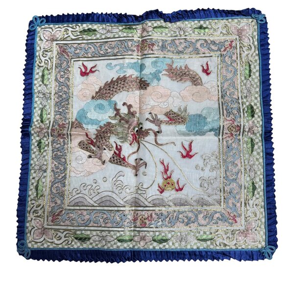 Asian-Inspired Embroidered Dragon Silk Pillow Cover With Blue Ruffled Edges - Picture 2 of 9